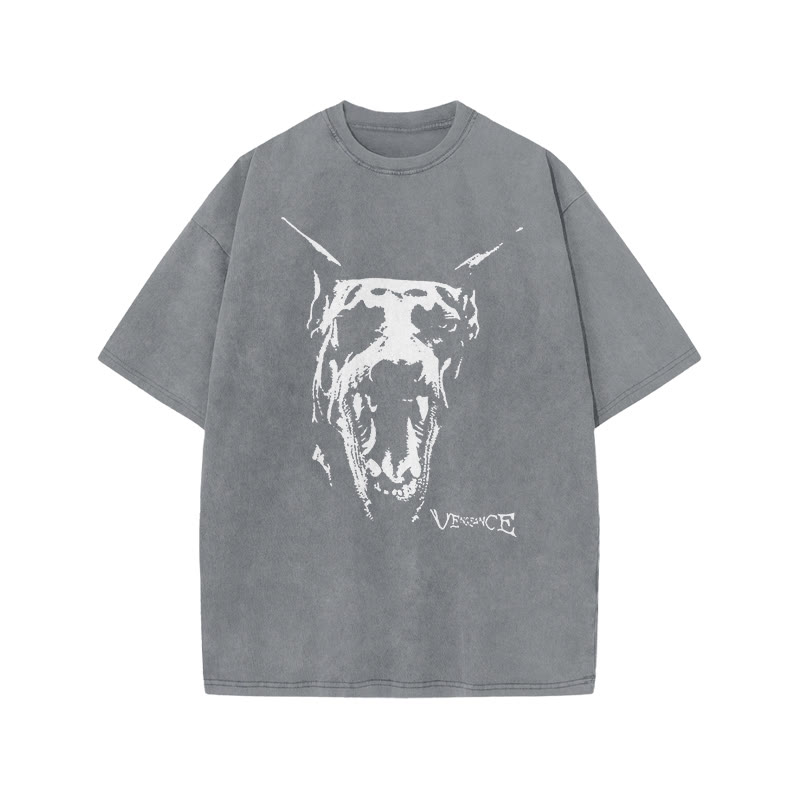 Roaring Doberman Print Acid Washed T-shirt - Grey - US20-22(3XL) - image 4