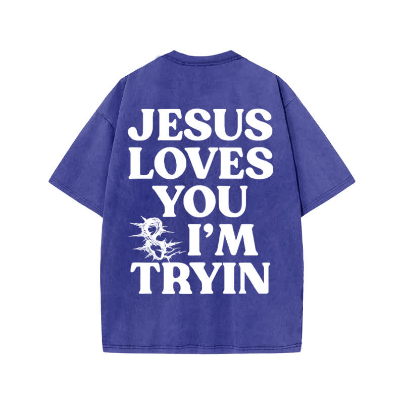 Unisex  Jesus Love You And I 'm Tryin Print Acid Washed T-shirt - Blue - US20-22(3XL) - image 8