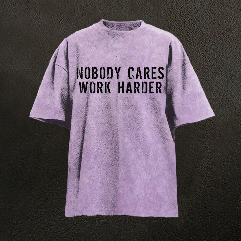 100% Cotton Nobody Cares Work Harder Printed Washed T-shirt - Purple - 2XL - image 6