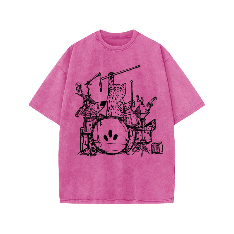 Unisex 100% Cotton Rock Cat Print Acid Washed T-shirt - Pink - US20-22(3XL) - image 7