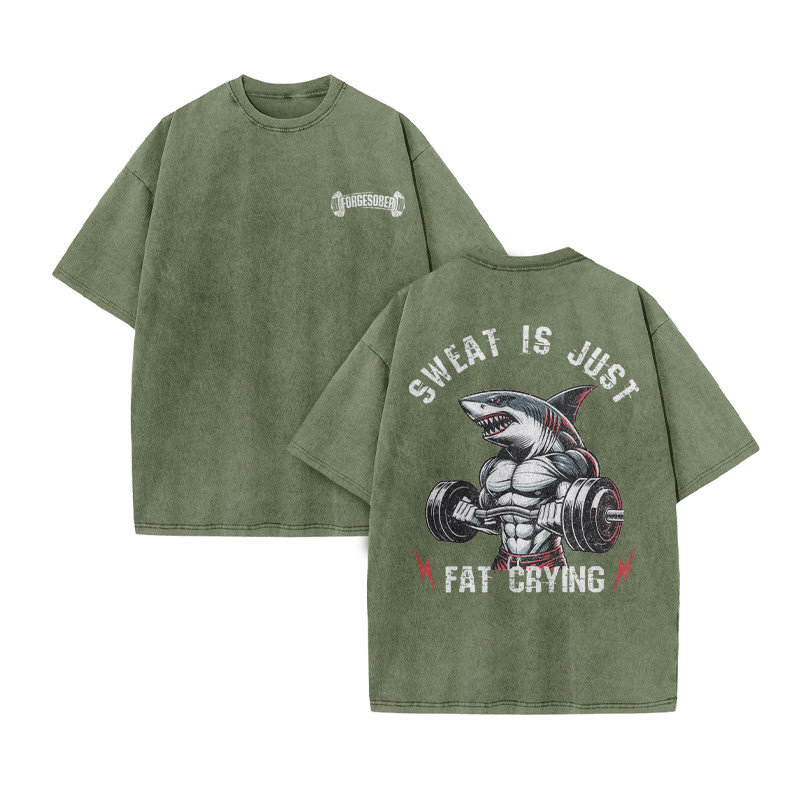 100% Cotton Sweat Is Just Fat Crying Gym Print Acid Washed T-shirt - Army Green - US20-22(3XL) - image 8