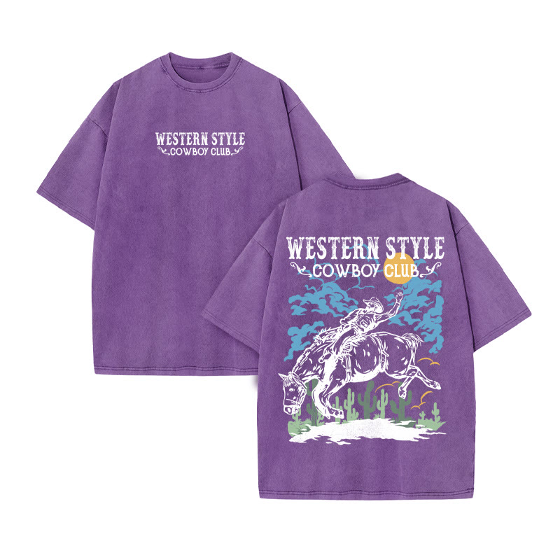 Unisex 100% Cotton Western Style Print Acid Washed T-shirt