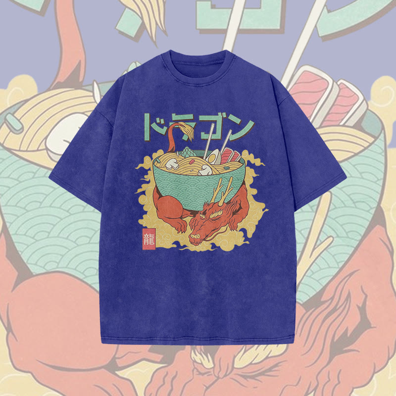 Unisex 100% Cotton Ramen On The Dragon Print Acid Washed T-shirt