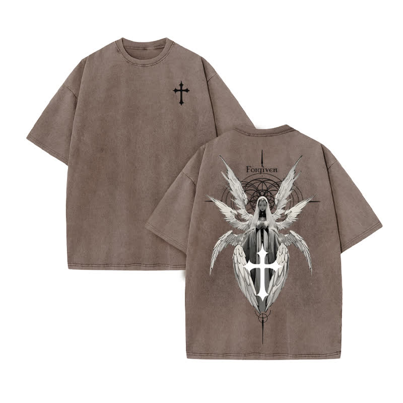 Unisex Forgiven Print Acid Washed T-shirt - Coffee - US20-22(3XL) - image 4