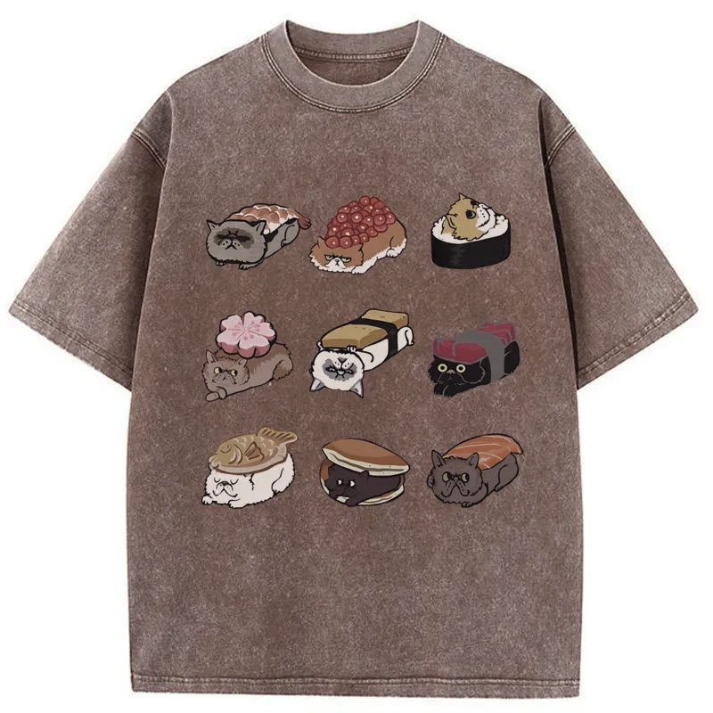 Unisex 100% Cotton Cute Cat Sushi Print Acid Washed T-shirt
