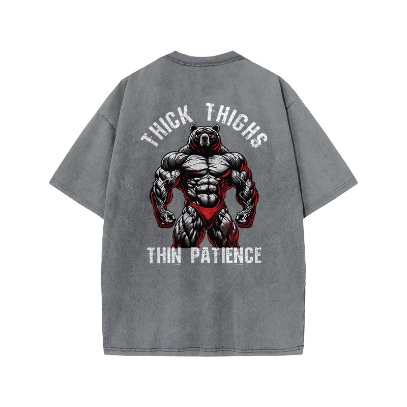 100% Cotton Thick Thighs Thin Patience Gym Print Acid Washed T-shirt - Grey - US20-22(3XL) - image 6