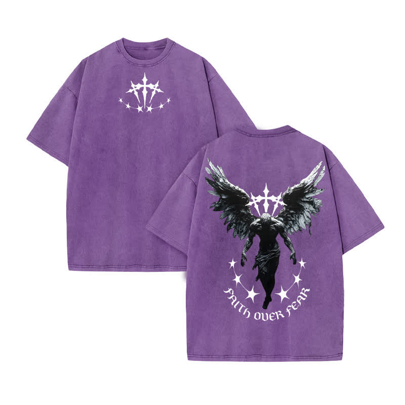 Unisex 100% Cotton FAITH OVER FEAR Print Acid Washed T-shirt - Purple - US20-22(3XL) - image 9