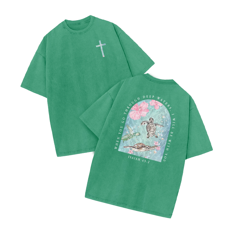 When You Go Through Deep Waters, I Will Be With You Print Acid Washed T-shirt - Green - US20-22(3XL) - image 9