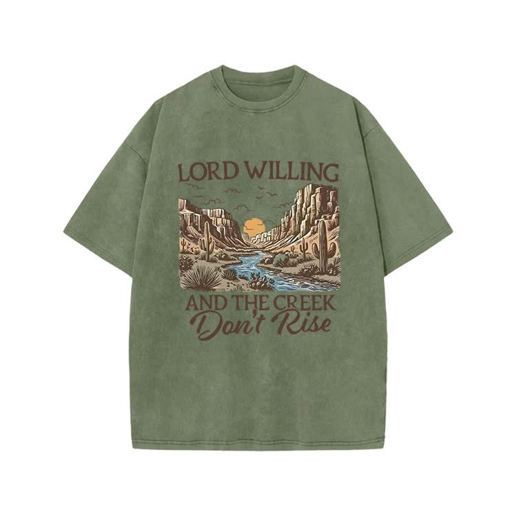 Lord Willing And The Creek Don't Rise Western Style Print Acid Washed T-shirt - Army Green - US20-22(3XL) - image 5