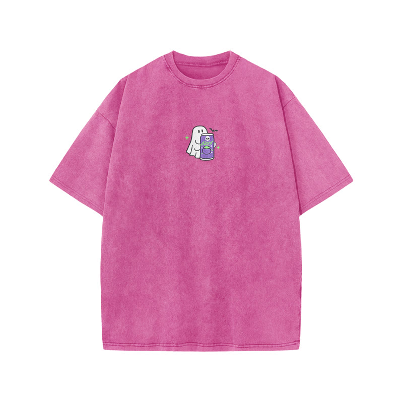Unisex 100% Cotton Cute Ghost Print Acid Washed T-shirt - Pink - US20-22(3XL) - image 7