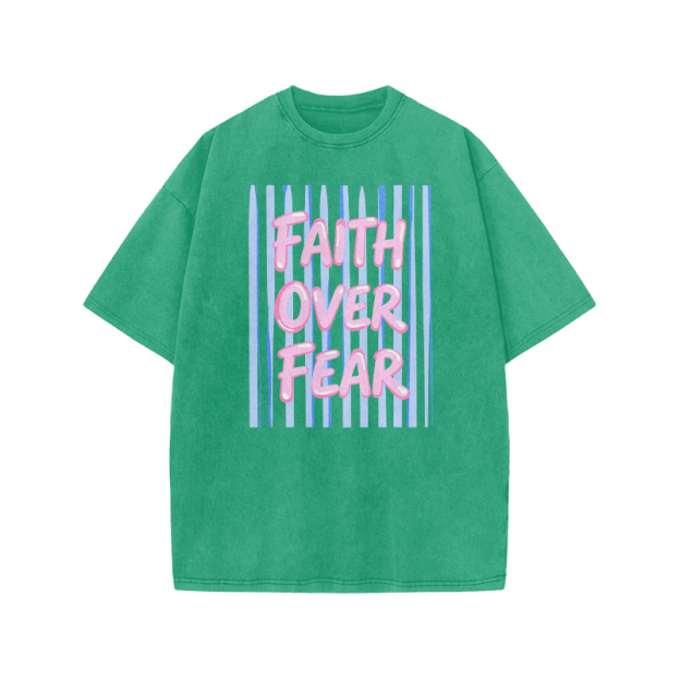 Faith Over Fear Stripe Print Acid Washed T-shirt - Green - US20-22(3XL) - image 8