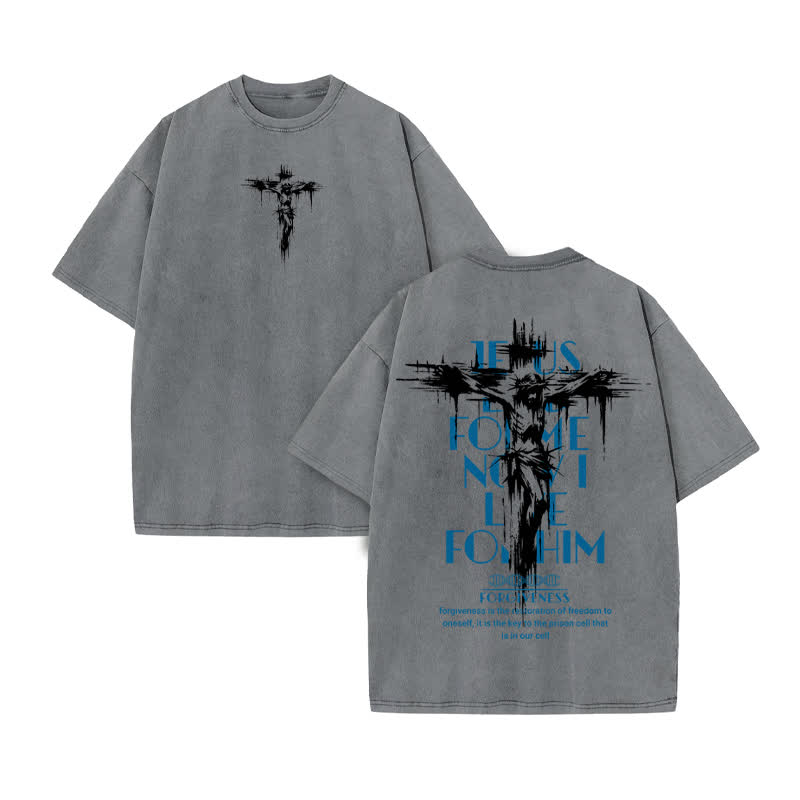 Unisex 100% Cotton Jesus Forgiveness Print Acid Washed T-shirt - Grey - US20-22(3XL) - image 5