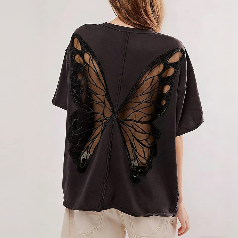 Solid Color Hollow Out Mesh Patchwork Butterfly Short Sleeve T-Shirt - image 4