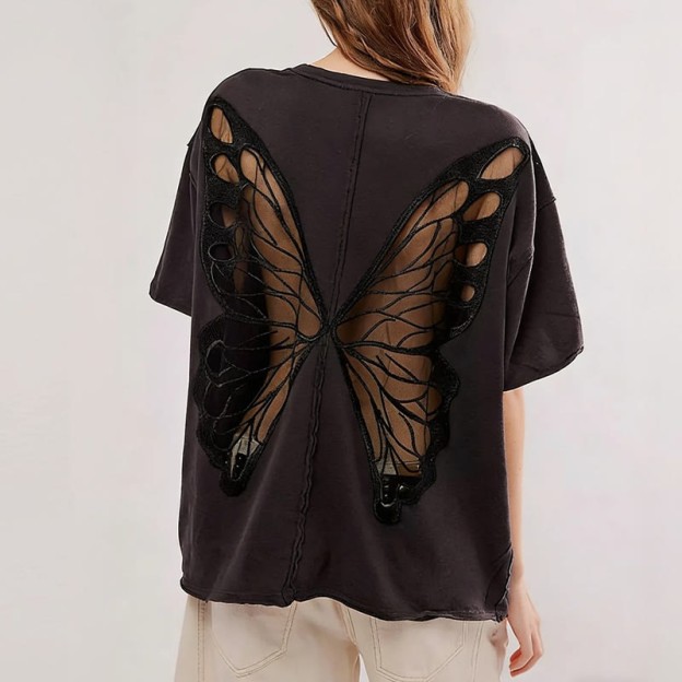 Solid Color Hollow Out Mesh Patchwork Butterfly Short Sleeve T-Shirt - image 4