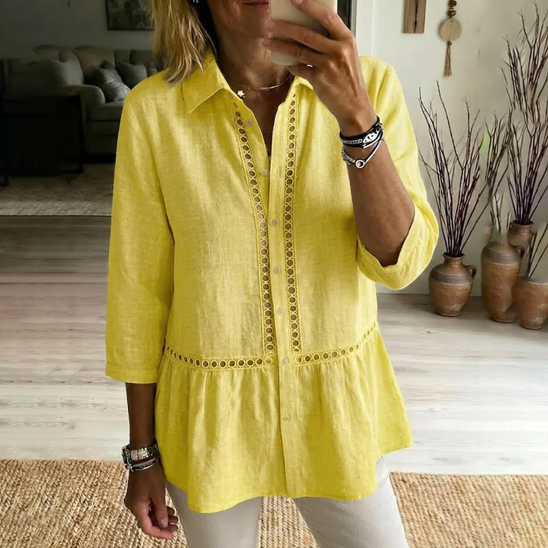 Elegant Bohemian Openwork Lace Linen Blend 3/4 Sleeve Blouse - Yellow - 3XL - image 5