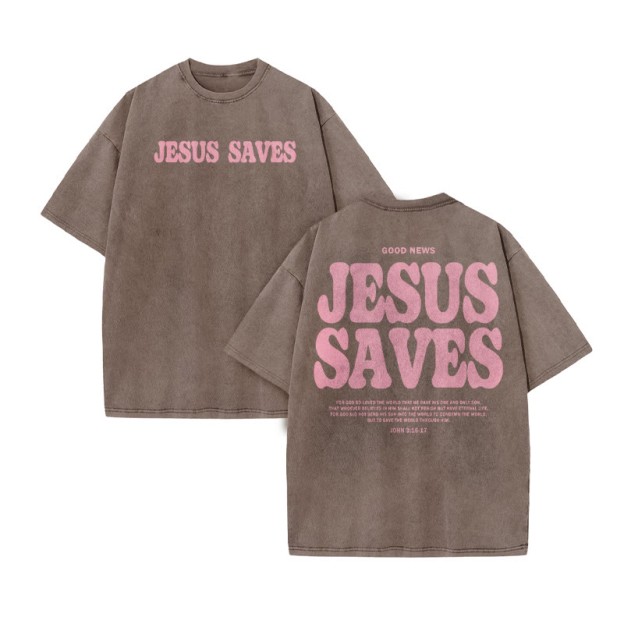 Unisex 100% Cotton Jesus Saves Print Acid Washed T-shirt