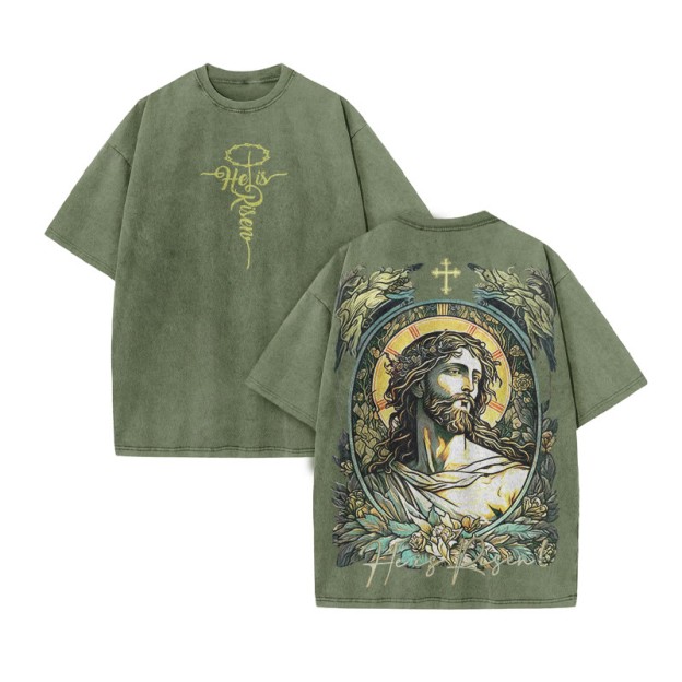 He Is Risen Jesus Print Acid Washed T-shirt - Army Green - US20-22(3XL) - image 6
