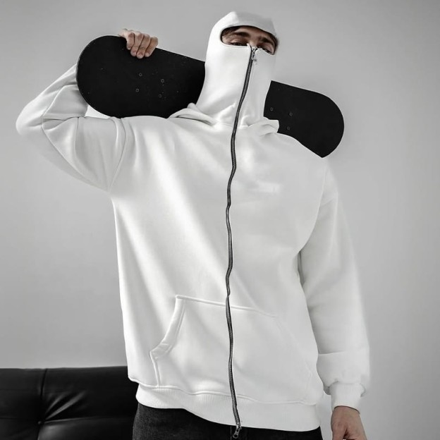 Unisex Solid Color Zipper Double Layer Hat Hoodie - White - US20-22(3XL) - image 7