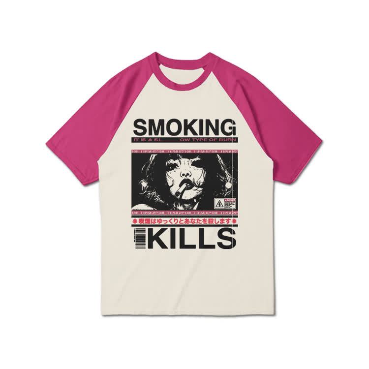 Smoking Kills Retro Manga Style Graphic Print Raglan Sleeve T-shirt - Rose - 3XL - image 8