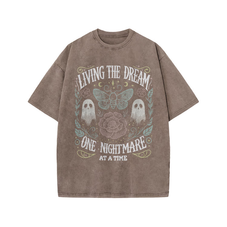 Living The Dream Gothic Ghost Print Acid Washed T-Shirt - Coffee - US20-22(3XL) - image 6