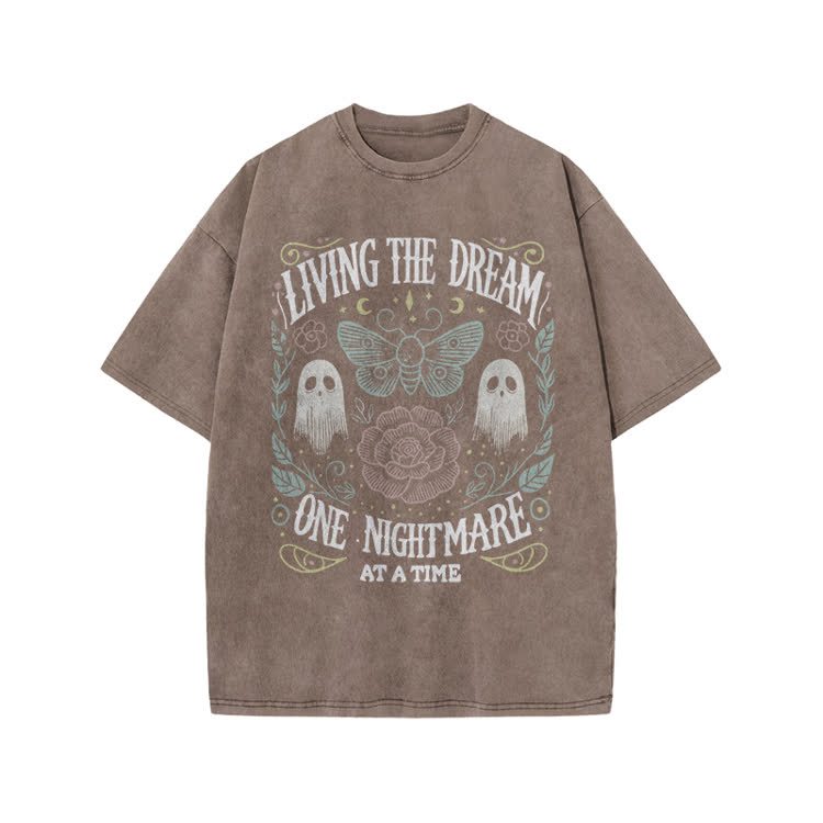 Living The Dream Gothic Ghost Print Acid Washed T-Shirt - Coffee - US20-22(3XL) - image 6
