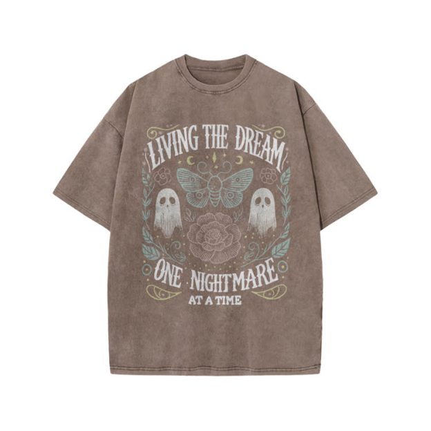 Living The Dream Gothic Ghost Print Acid Washed T-Shirt - Coffee - US20-22(3XL) - image 6