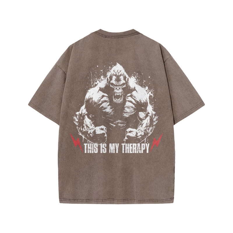 100% Cotton This Is My Therapy Gym Print Acid Washed T-shirt - Coffee - US20-22(3XL) - image 7