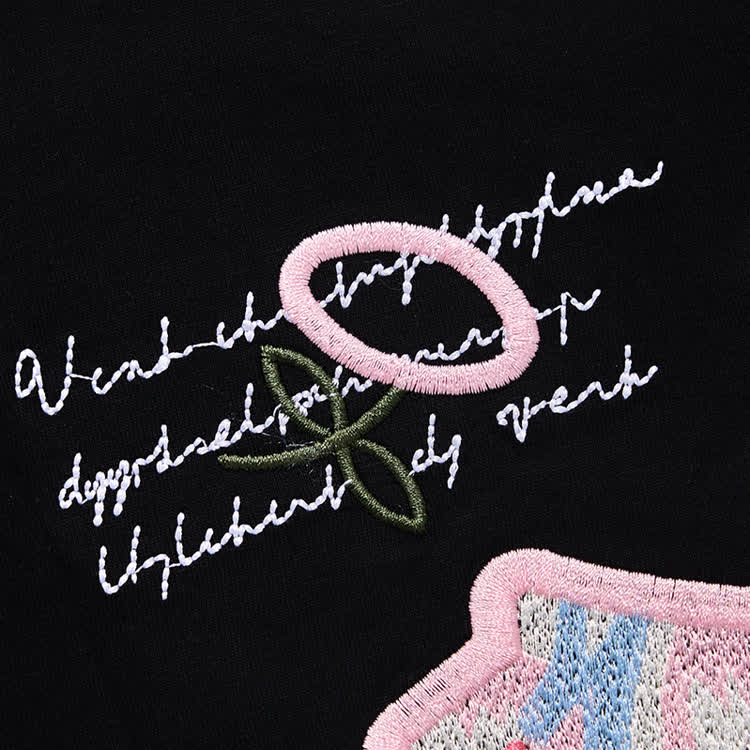 Casual Floral Script and cross Embroidered Round Neck T-Shirt - image 13