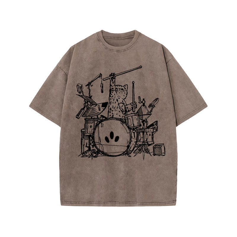 Unisex 100% Cotton Rock Cat Print Acid Washed T-shirt - Coffee - US20-22(3XL) - image 3