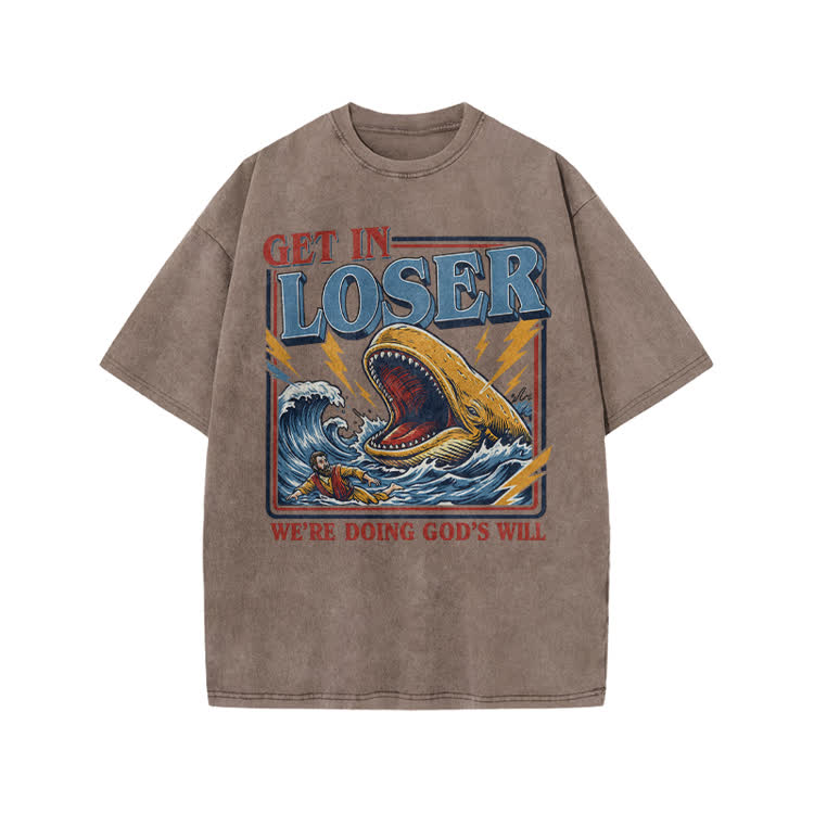 Street Retro Get In Loser Graphic Print Acid Washed T-shirt - Coffee - US20-22(3XL) - image 6