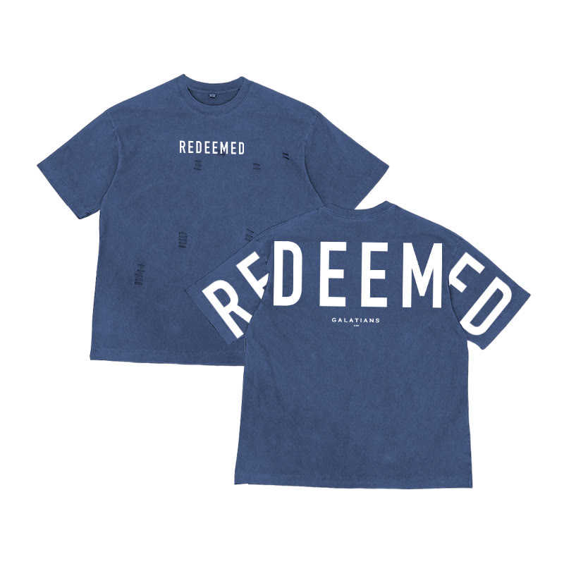 Unisex Redeemed Galatians 2:20 Print Washed Ripped T-shirt - Blue - US32-34(5XL) - image 3