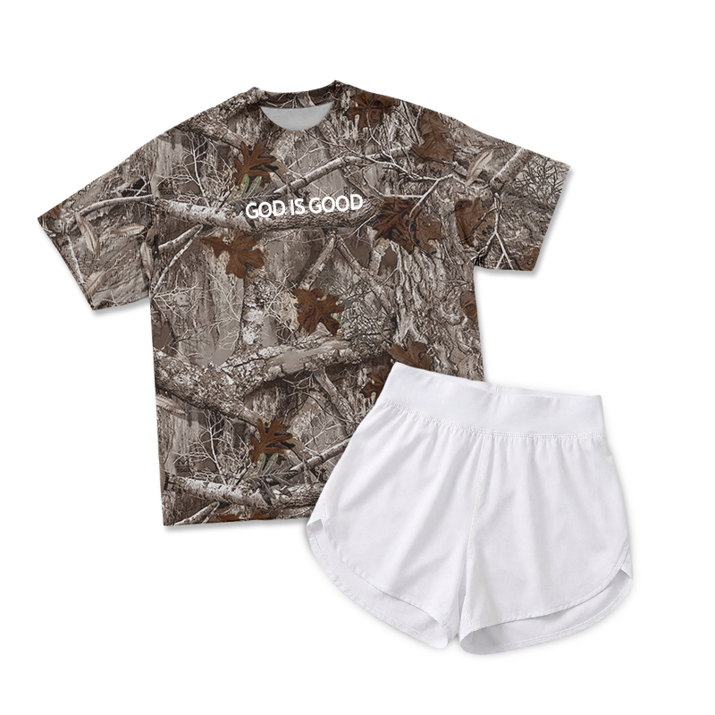 Vintage Camo GOD IS GOOD Print T-Shirt & Short Two Piece Set - Dark Brown Camo - 2XL - image 15