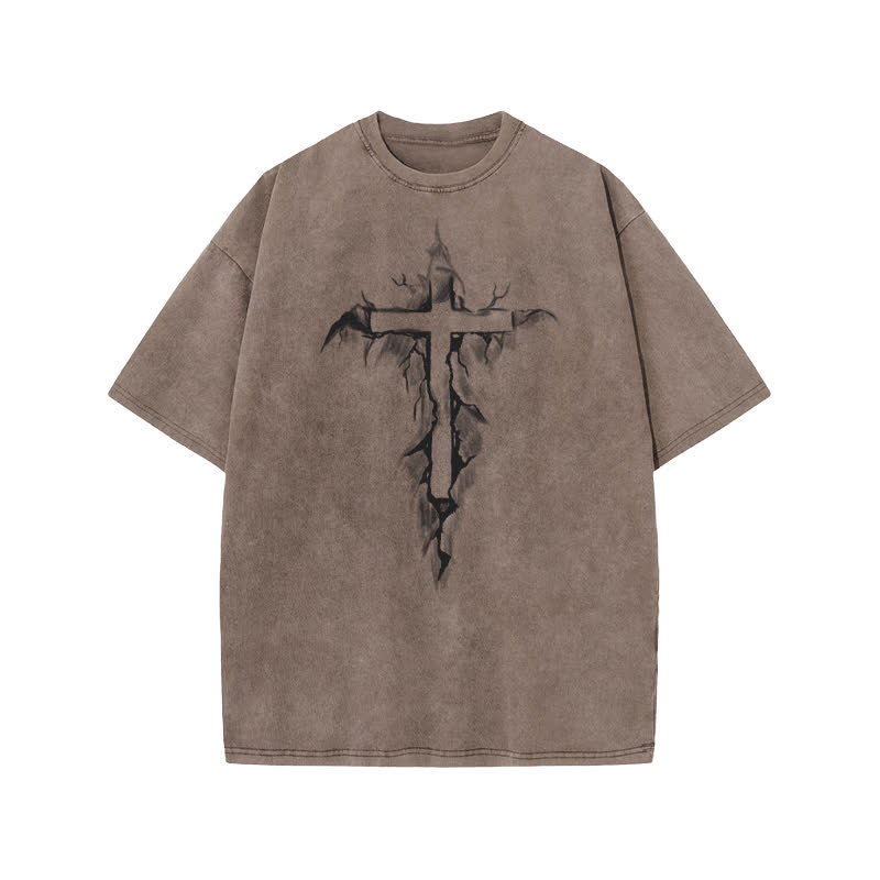 Unisex 100% Cotton Cross In The Crack Print Acid Washed T-shirt - Coffee - US20-22(3XL) - image 3