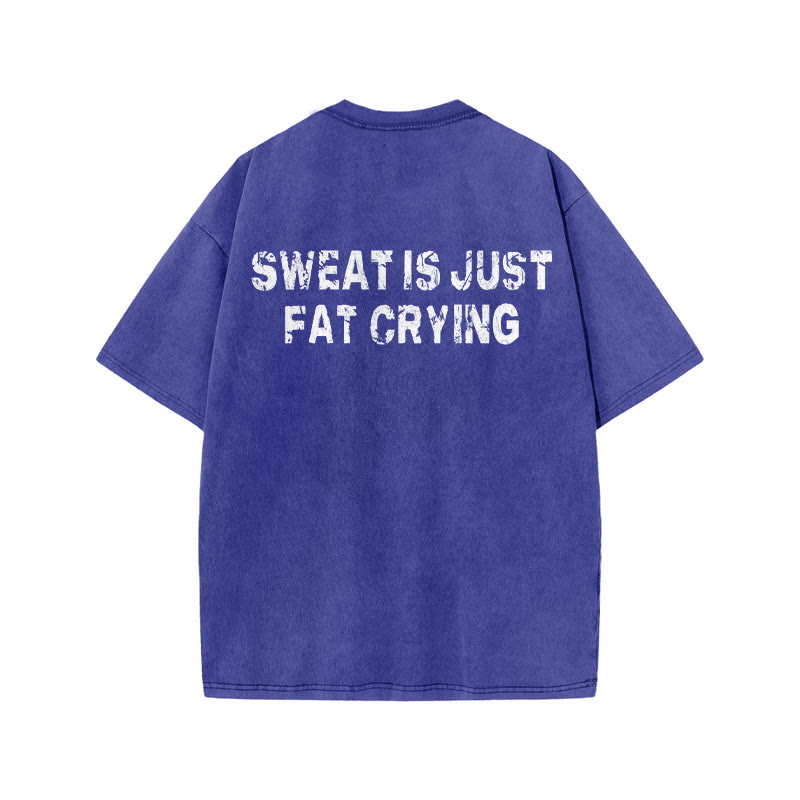 100% Cotton Sweat Is Just Fat Crying Gym Print Acid Washed T-shirt - Blue - US20-22(3XL) - image 8