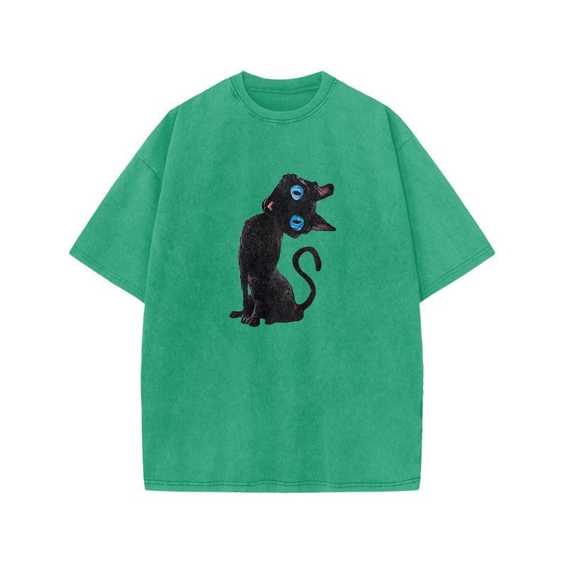 Vintage Black Cat Graphic Acid Washed T Shirt - Green - US20-22(3XL) - image 7