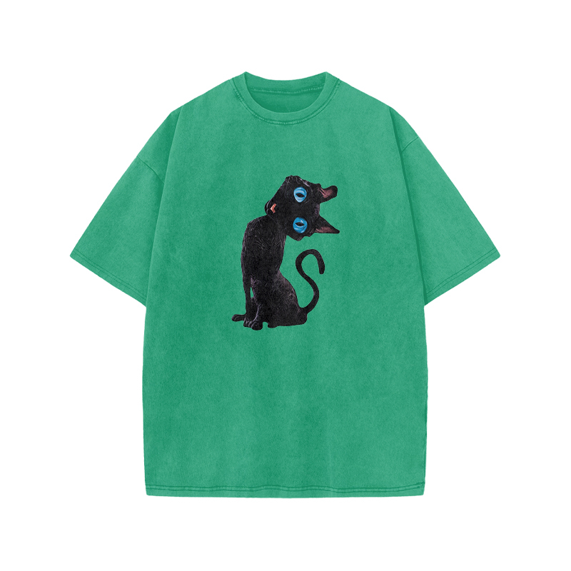 Vintage Black Cat Graphic Acid Washed T Shirt - Green - US20-22(3XL) - image 7