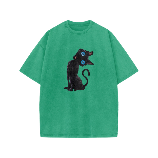 Vintage Black Cat Graphic Acid Washed T Shirt - Green - US20-22(3XL) - image 7