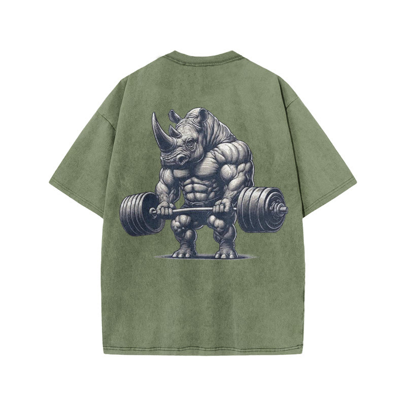 100% Cotton Lifting Strong Rhinoceros Gym Print Acid Washed T-shirt - Army Green - US20-22(3XL) - image 6