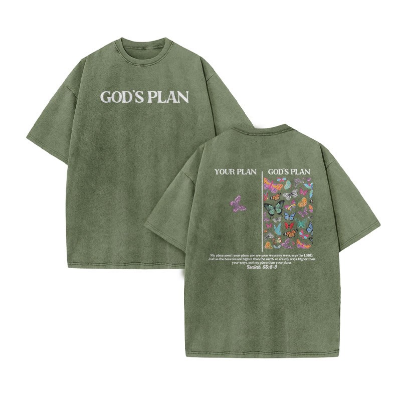 God's Plan Isaiah 55:8-9 Butterfly Print Acid Washed T-shirt - Army Green - US20-22(3XL) - image 6