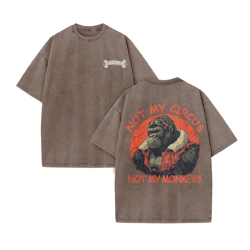 100% Cotton Not My Circus Not My Monkeys Gym Print Acid Washed T-shirt - Coffee - US20-22(3XL) - image 6
