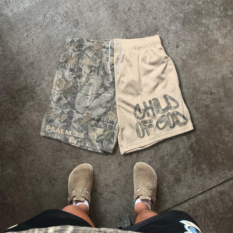 Child Of God Dead Leaves Camouflage Asymmetrical Print Mesh Shorts - Apricot - 5XL - image 3