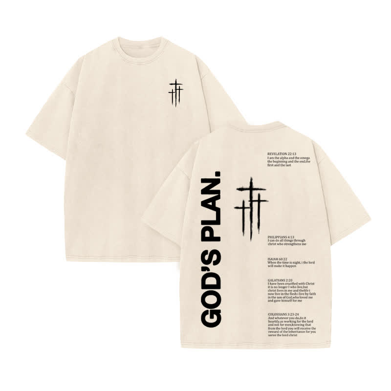 Unisex 100% Cotton God Plan Print Acid Washed T-shirt - Beige - US20-22(3XL) - image 3