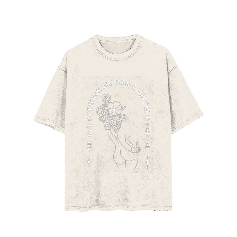 100% Cotton Everything Hurts And I'm Tired Vintage Printed Washed Gym T-shirt - Apricot - 2XL - image 4