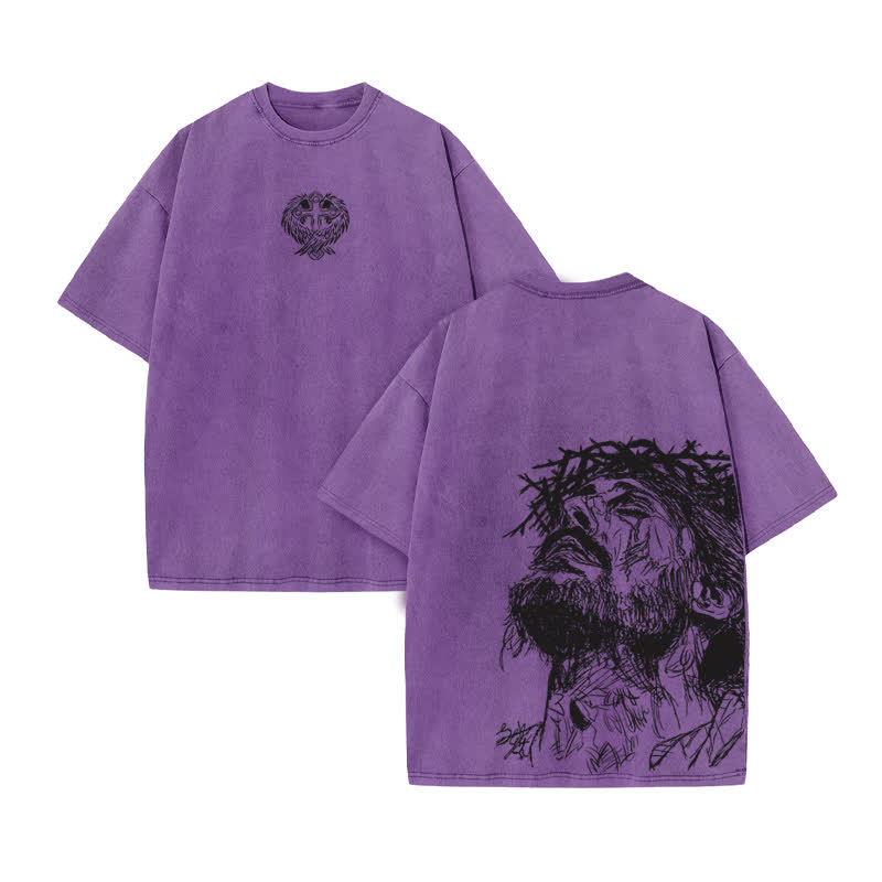Unisex 100% Cotton Jesus Saves Hand Drawn Print Acid Washed T-shirt - Purple - US20-22(3XL) - image 9