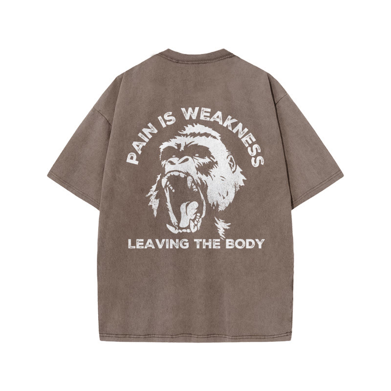 100% Cotton Pain Is Weakness Leaving The Body  Gym Print Acid Washed T-shirt - Coffee - US20-22(3XL) - image 6