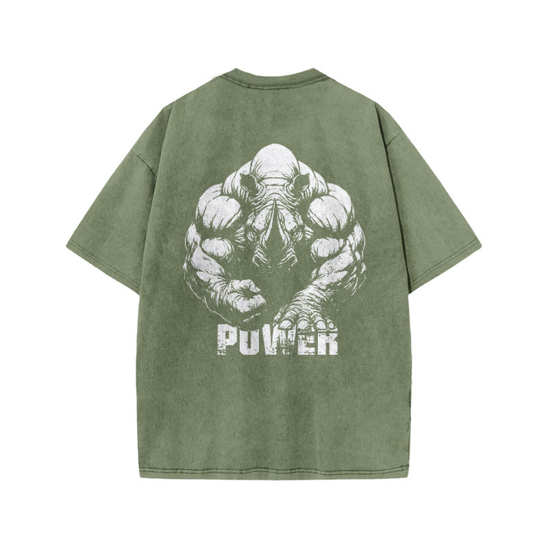 100% Cotton POWER Rhinoceros Gym Print Acid Washed T-shirt - Army Green - US20-22(3XL) - image 6