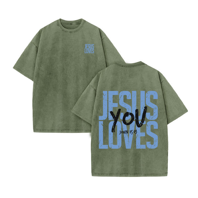 Unisex 100% Cotton JESUS LOVES YOU Print Acid Washed T-shirt - Army Green - US20-22(3XL) - image 6