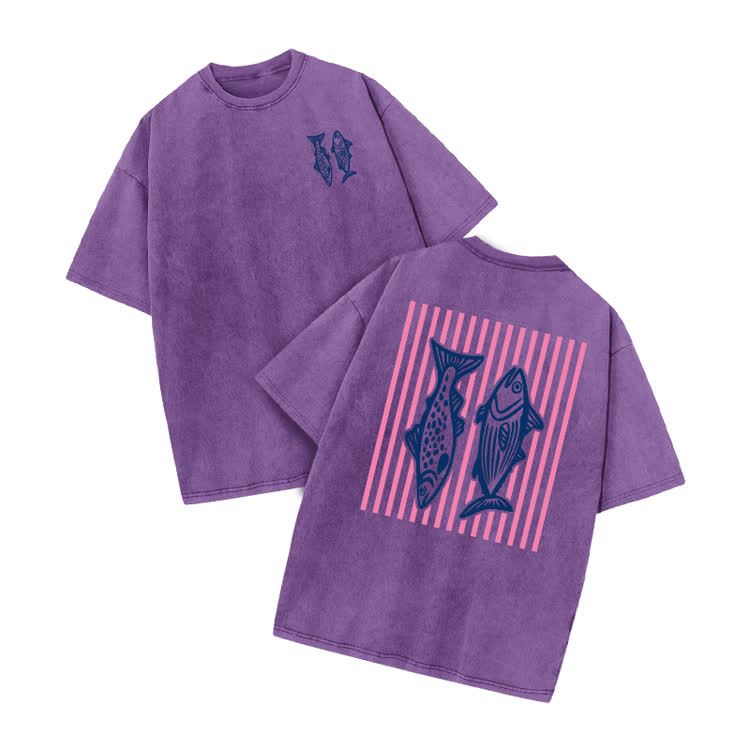 Retro Fish Art Print Acid Washed T-shirt - Purple - US20-22(3XL) - image 6