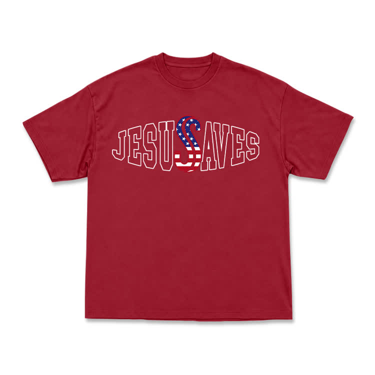 Classic Jesus Saves Flag Print T-Shirt - Red - US16-18(2XL) - image 10