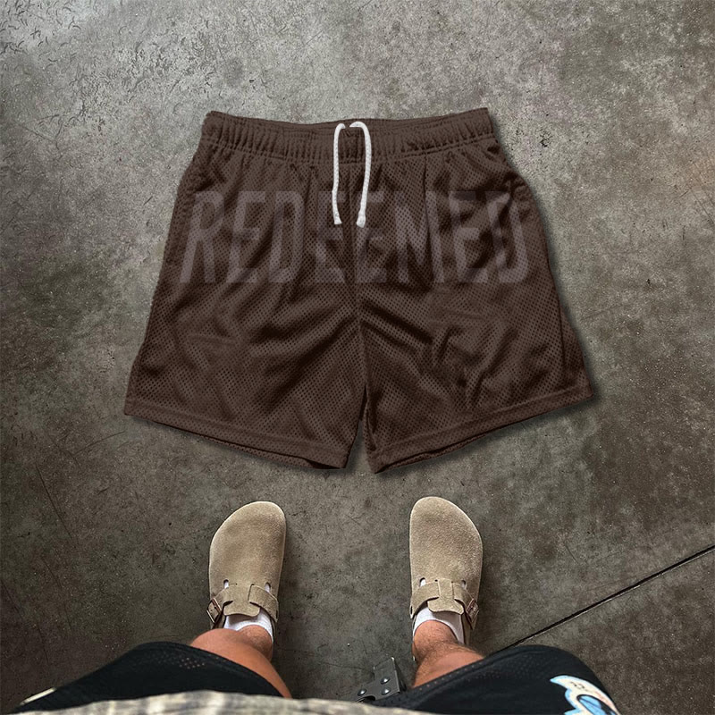 Unisex Redeemed Galatians 2:20 Print Causal Mesh Shorts - Coffee - 5XL - image 5